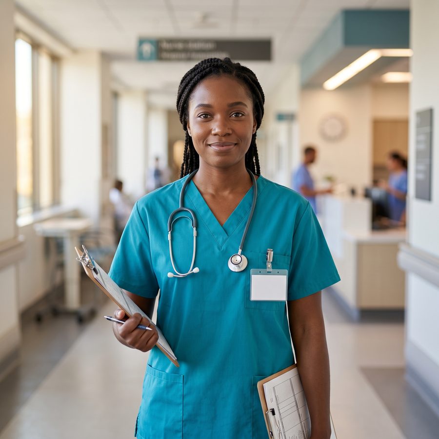 A medical assistant in teal scrubs with a stethoscope standing in a hospital corridor.