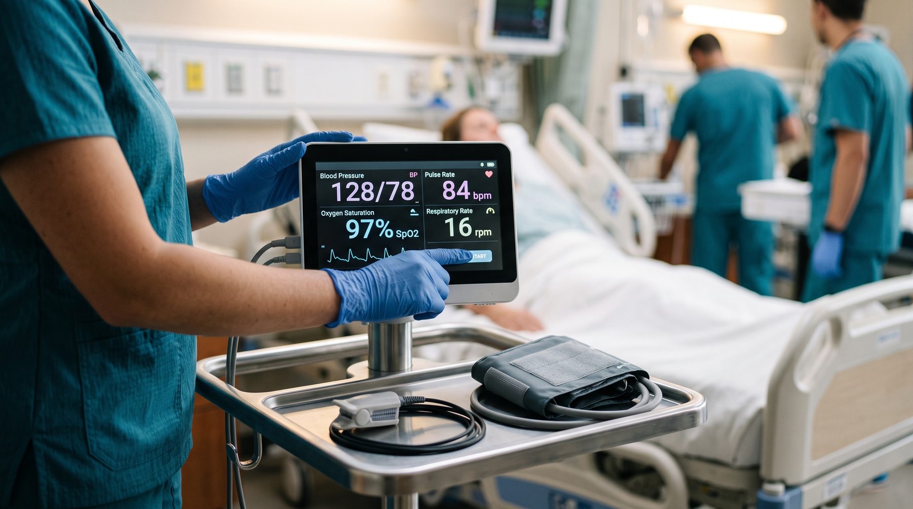 A vital signs monitor displaying blood pressure, pulse, and oxygen saturation readings during a patient assessment.