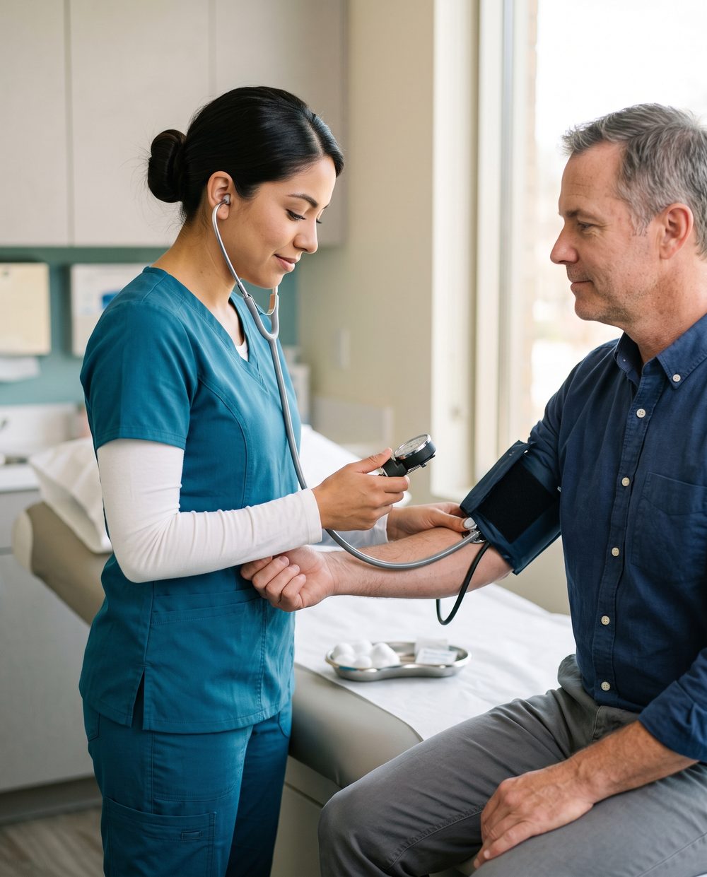 A medical assistant in teal scrubs taking a seated patient's blood pressure with a cuff and stethoscope.